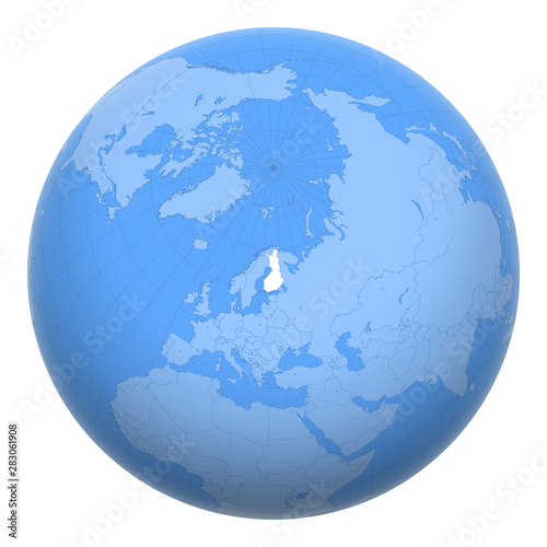 Finland on the globe. Earth centered at the location of the Republic of Finland. Map of Finland. Includes layer with capital cities.