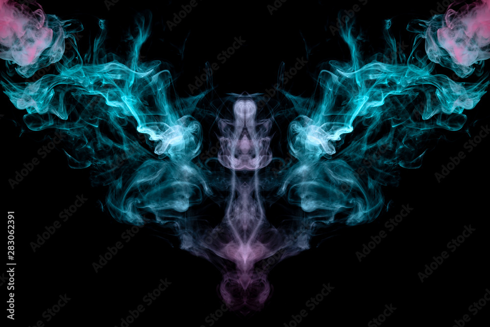 A mystical image of a creature, animal or ghost with wings and a beak of green and pink smoke on a black isolated background. Print for clothes.