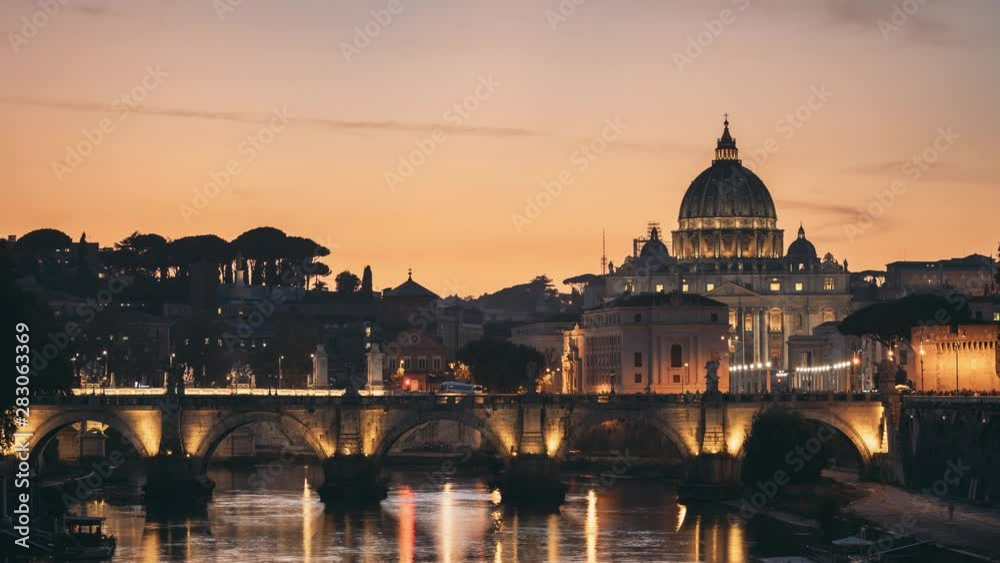 Rome, Italy. Papal Basilica Of St. Peter In The Vatican And Aelian Bridge In Evening Night Illuminations. Day To NIght Time Lapse. Sunset Time. Rome, Italy. Papal Basilica Of St. Peter In The Vatican And Aelian Bridge In Evening Night Illuminations. Day To NIght Time Lapse. Sunset Time.