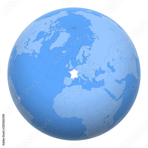 France on the globe. Earth centered at the location of the French Republic. Map of France. Includes layer with capital cities.