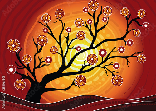 Tree on the hill, An illustration based on aboriginal style of background depicting nature.