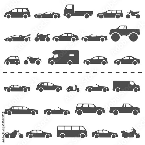 Car and Motorcycle type icons set. Title models moto and automobile