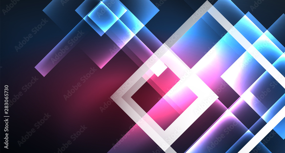 Neon glowing techno square rectangle lines, blue hi-tech futuristic abstract background Neon glowing techno square rectangle lines, blue hi-tech futuristic abstract background