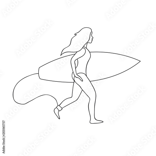 Vector flat cartoon simple line contour drawn youngsurfer woman girl with surf boad running isolated on white background