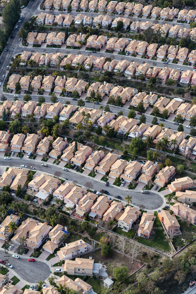 Vertical aerial view of suburban Stevenson Ranch homes and cul-de-sac  streets in Los Angeles County, California. Stock Photo | Adobe Stock