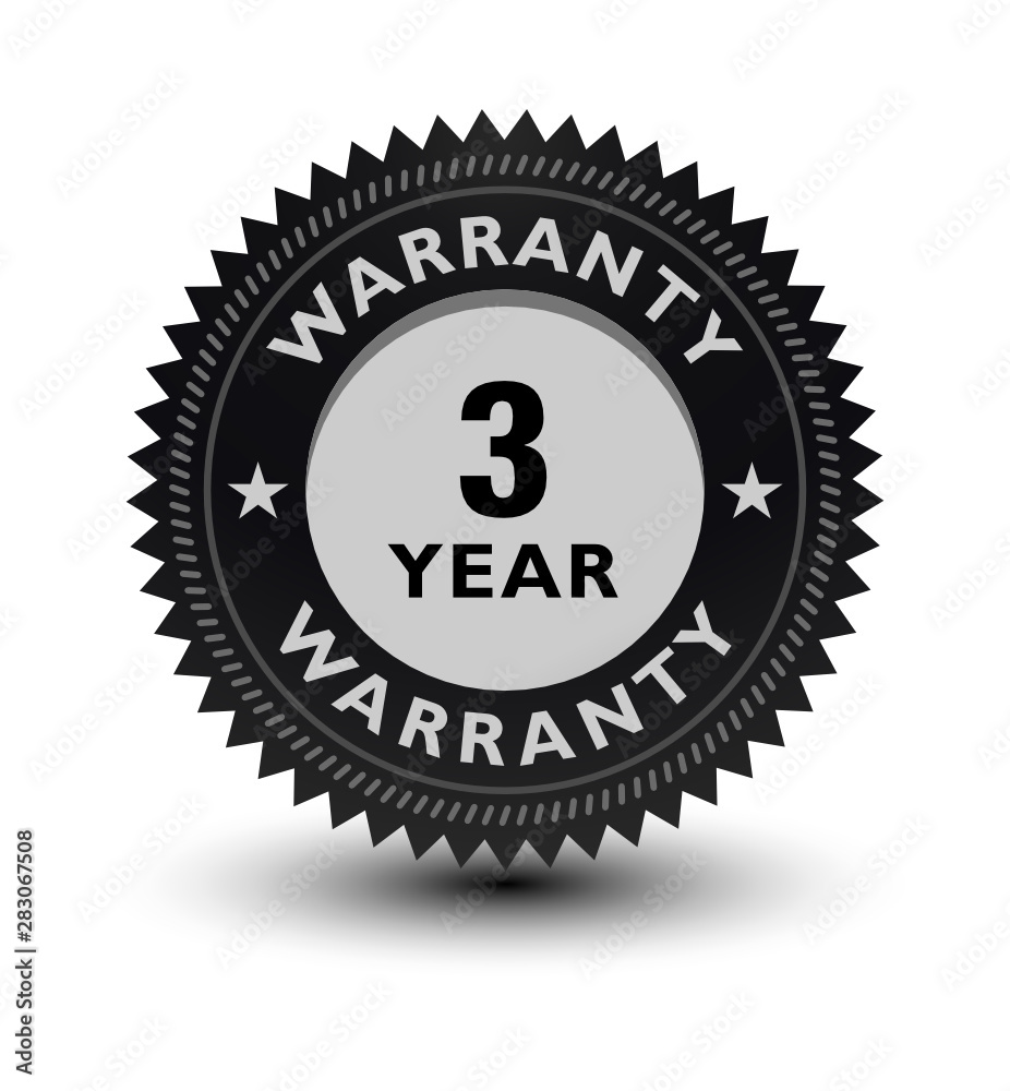 Silver color 3 year warranty banner, sticker, tag, icon, stamp, label, sign, badge isolated on white background.