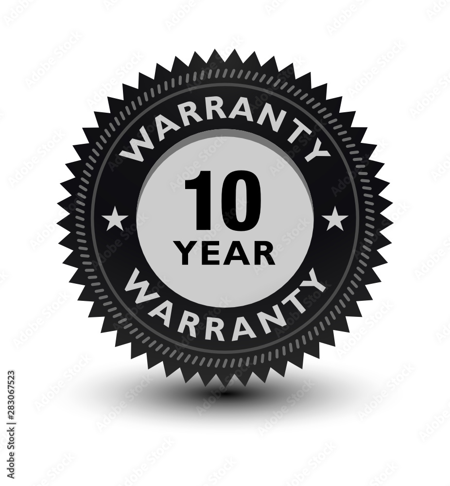 Silver color 10 year warranty banner, sticker, tag, icon, stamp, label, sign, badge isolated on white background.