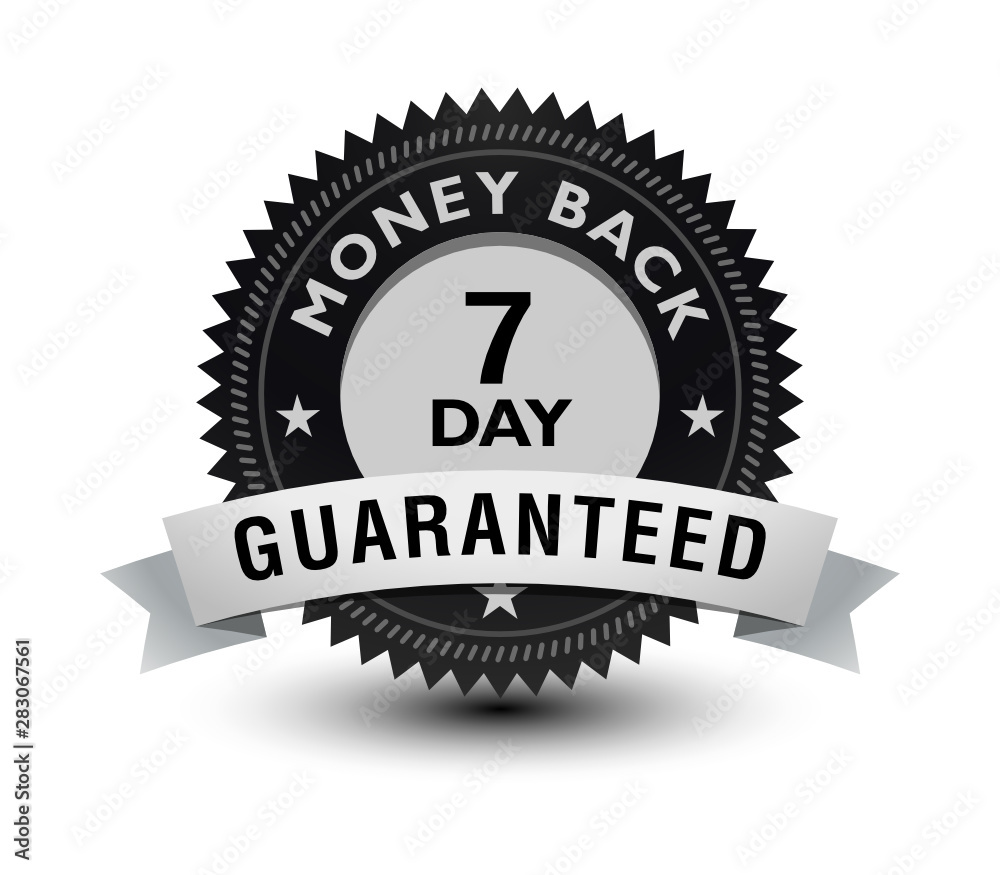 Silver color 7 day money back guaranteed banner, sticker, tag, icon, stamp, label, sign, badge with ribbon on top isolated on white background.