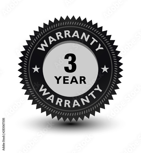 Silver color 3 year warranty banner, sticker, tag, icon, stamp, label, sign, badge isolated on white background.