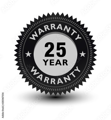Silver color 25 year warranty banner, sticker, tag, icon, stamp, label, sign, badge isolated on white background.