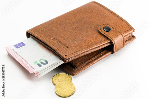 euro banknotes, essential wallet with white background