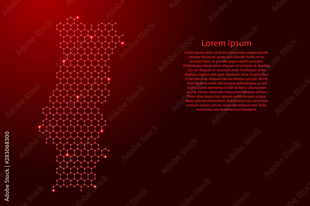 Portugal map from futuristic hexagonal shapes, lines, points red and glowing stars in nodes, form of honeycomb or molecular structure for banner, poster, greeting card. Vector illustration.
