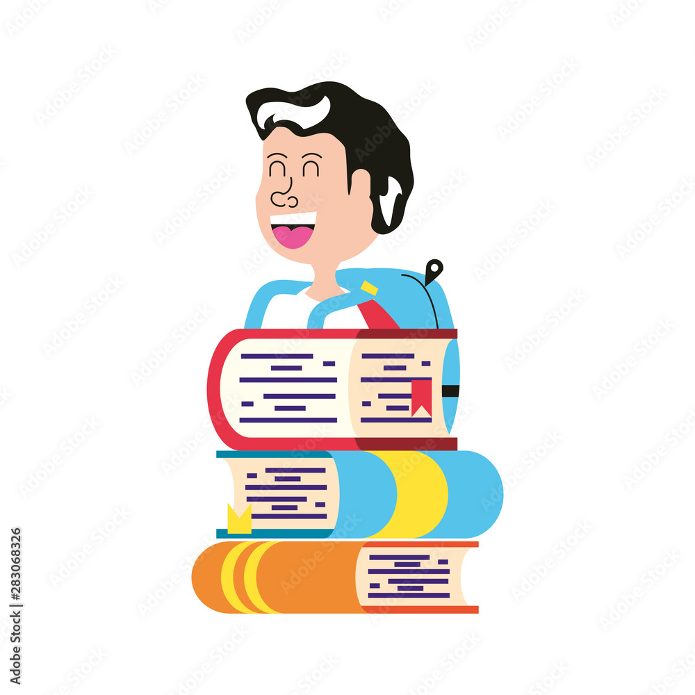 cute little student boy with bag school and stack books