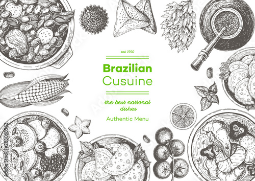 Brazilian cuisine top view frame. Brazilian food menu design with feijoada, acai, meat pastry, moqueca de peixe and mate tea. Vintage hand drawn sketch vector illustration.