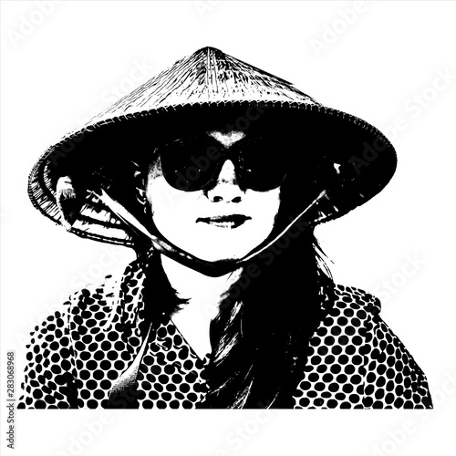 Vector illustration of realistic young woman portrait. Girl's face with sunglasses and long hair. Black and white graphic drawing. Happy female tourist wearing Vietnamese conical hat.