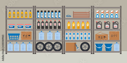 Storeroom. Shelving with household goods. Warehouse racks. There are cardboard boxes, buckets, brushes, bottles and other things in the picture. Vector illustration.