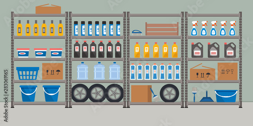 Storeroom. Shelving with household goods. Warehouse racks. There are cardboard boxes, buckets, brushes, bottles and other things in the picture. Vector illustration.