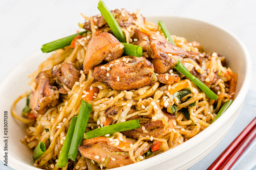 Chicken chow mein a popular oriental dish with noodles, chicken and vegetables