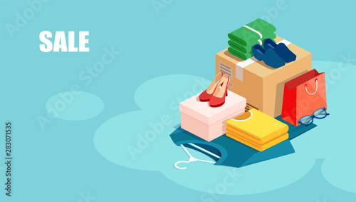 Vector of clothing, fashion accessories at promotional price.