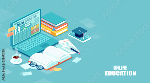 Vector of a student desk with a laptop, book, notepad, studying remotely via internet