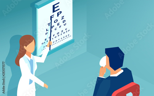 vector of a woman ophthalmologist examining patient using a Snellen Chart photo