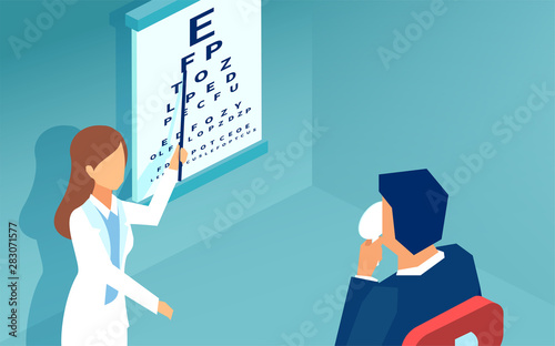 vector of a woman ophthalmologist examining patient using a Snellen Chart