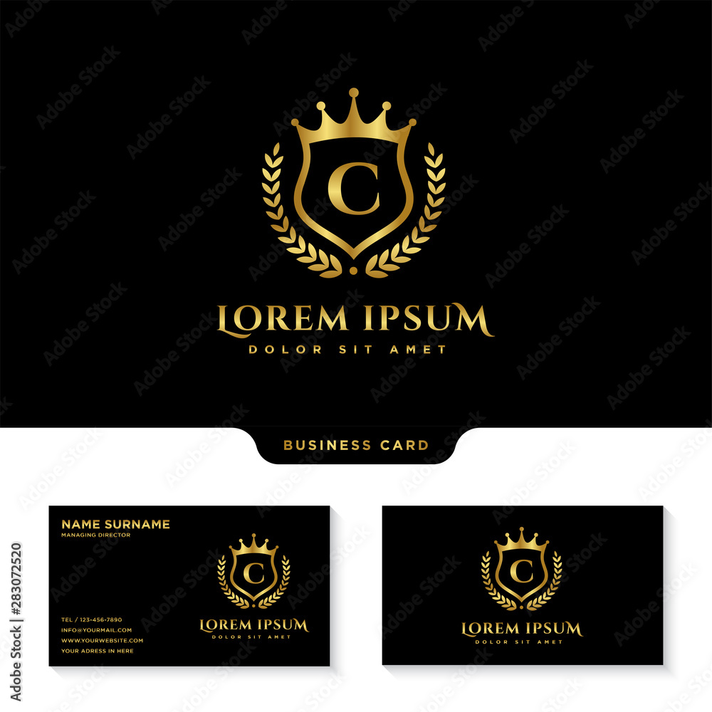 Luxury Royal Letter c crest Gold color Logo vector, Victory logo, crest logo with business card template vector