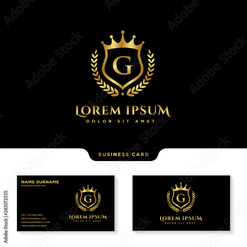 Luxury Royal Letter g crest Gold color Logo vector, Victory logo, crest logo with business card template vector
