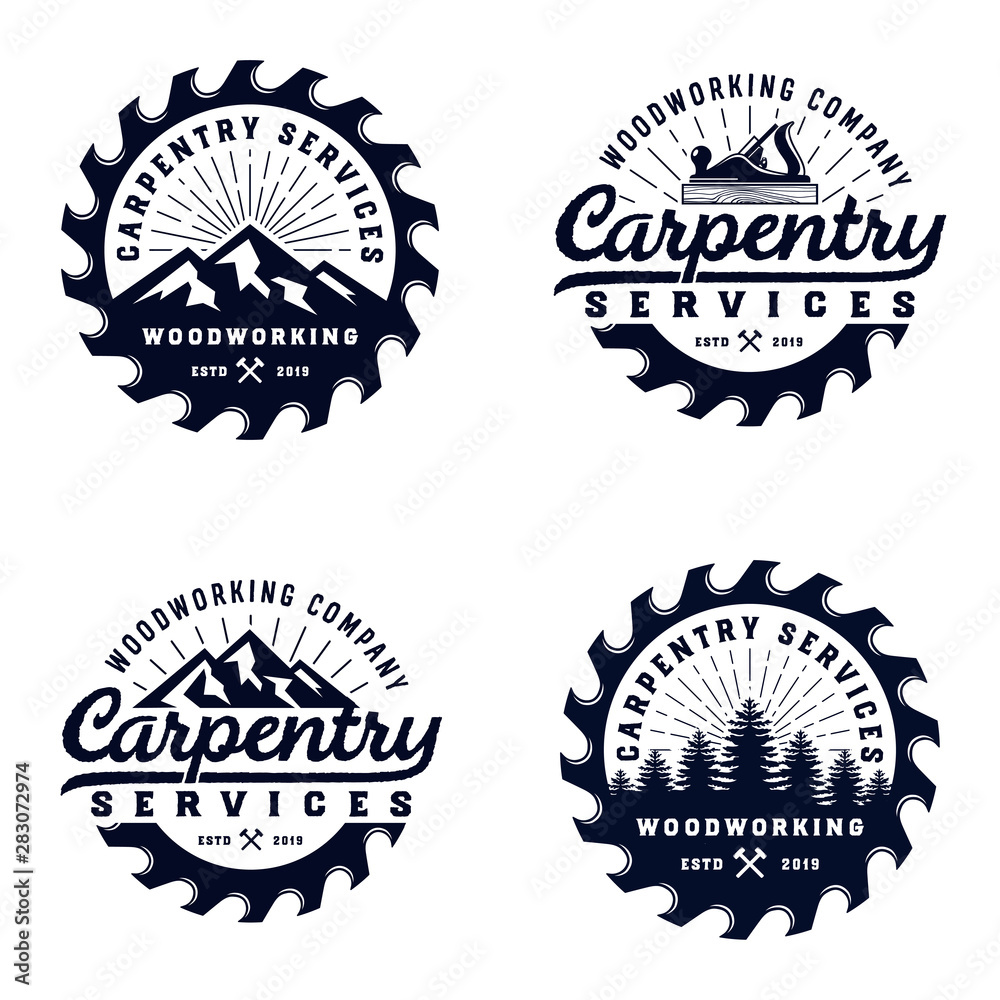 Vintage badge wood carpentry logo template with mountain and tree