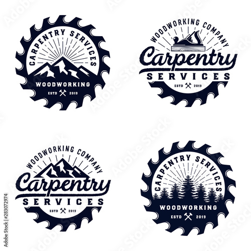 Vintage badge wood carpentry logo template with mountain and tree element and sawmill blue color isolated on white background - vector
