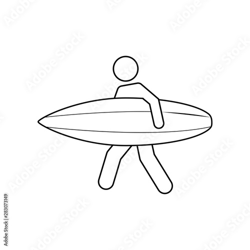 Icono plano lineal surfista con tabla en color negro