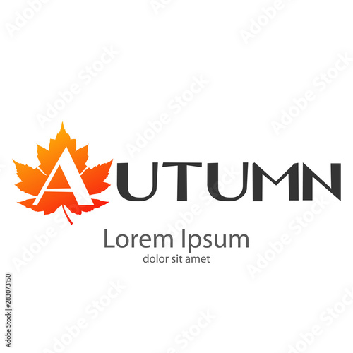 Logotipo con texto Autumn con inicial A en espacio negativo sobre hoja en naranja y gris