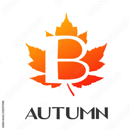 Logotipo con texto Autumn con letra B en espacio negativo sobre hoja en color naranja
