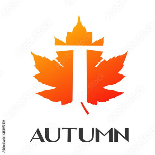 Logotipo con texto Autumn con letra T en espacio negativo sobre hoja en color naranja
