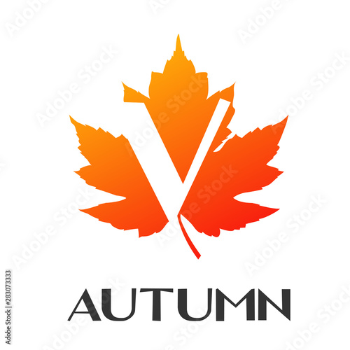 Logotipo con texto Autumn con letra V en espacio negativo sobre hoja en color naranja