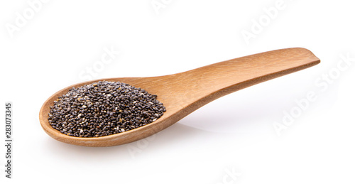 Chia seeds in wood spoon isolated with white background.