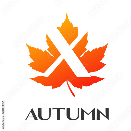 Logotipo con texto Autumn con letra X en espacio negativo sobre hoja en color naranja