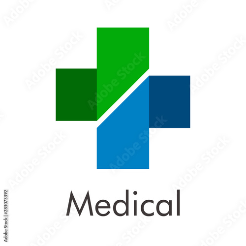Free Download Logotipo abstracto con texto Medical con cruz de papel doblado en verde y azul - GFXLoad
