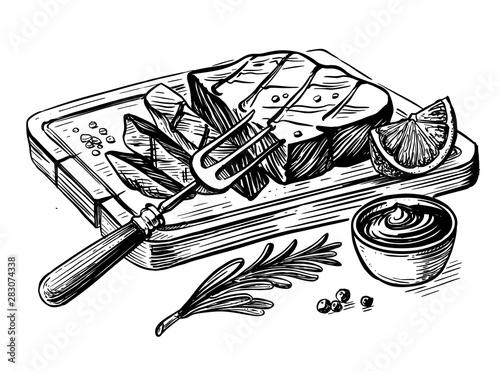Steak bbq drawing. Meat hand drawn