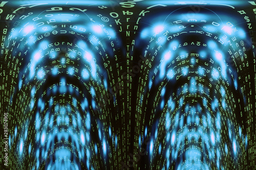 Blue green matrix digital background. Distorted cyberspace concept. Green characters fall down. Matrix from symbols stream. Virtual reality design. Complex algorithm data hacking. Cyan digital sparks.