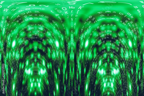 Green blue matrix digital background. Distorted cyberspace concept. Characters fall down. Matrix from symbols stream. Virtual reality design. Complex algorithm data hacking. Green digital sparks.