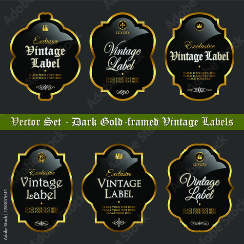 Set of dark gold-framed vintage labels
