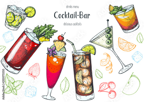 Alcoholic cocktails hand drawn vector illustration. Cocktails set. Menu design elements.Caipiroska, bloody mary, singapore sling, long island iced tea, martini, man tai.