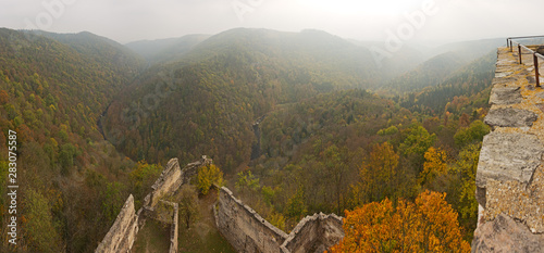 Panoramic view over Kamp valley and river from the ruins of Schauenstein castle in the midst of natural primeval-like forest in misty autumnal weather in Austria.