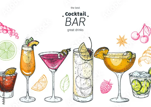 Obraz Koktajle alkoholowe ręcznie rysowane ilustracji wektorowych. Zestaw koktajli. Elementy projektu menu. Bellini, wóz boczny, Tom Collins, Martini, Negroni, Caipiroska.