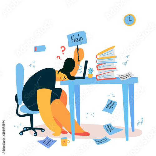 Emotional burnout woman sitting at her working place with computer in office and holds the sign Help,tired businesswoman with low battery,emotional burnout concept.Hard work.Vector illustration