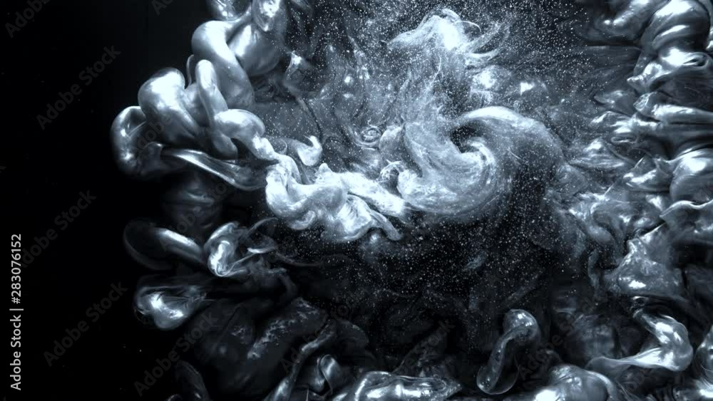 Ink explosion. Chemical fluid leak. Silver glitter motion.