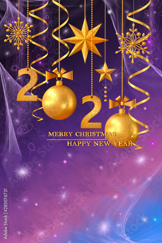 Christmas shining background New Year, 2020, gold balls, fantastic blurred cloud and sky gradient, soft focus, grunge texture, glittering sparkling stars, curls, burning lights, dream. 3d rendering