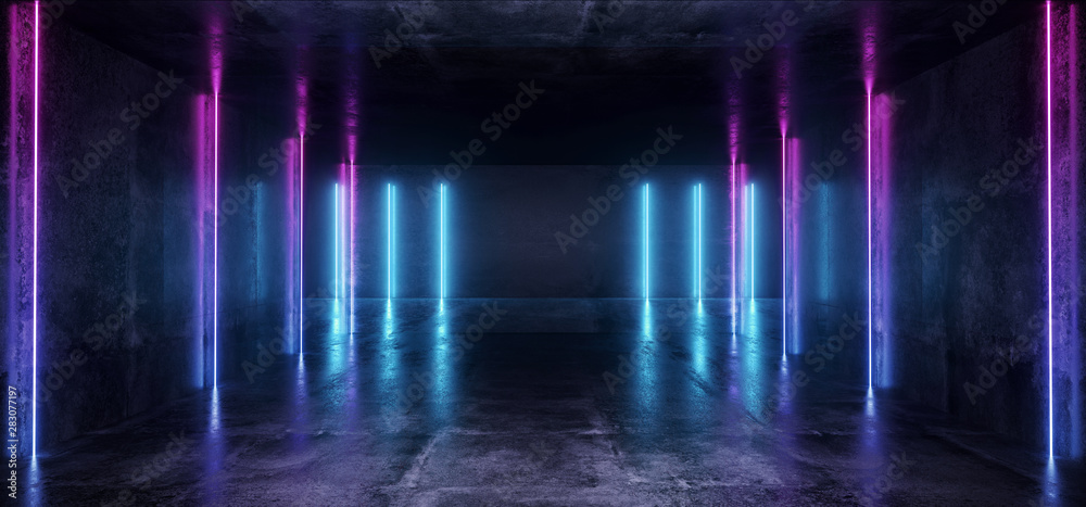 Neon Glowing Lights Retro Cyber Virtual Purple Blue Luminous Fluorescent Tube Lights Abstract Grunge Concrete Tunnel Room Sci Fi Futuristic Stage Empty Night Background 3D Rendering