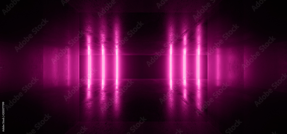Neon Glowing Lights Retro Cyber Virtual Purple Luminous Fluorescent Tube Lights Abstract Grunge Concrete Tunnel Room Sci Fi Futuristic Stage Empty Night Background 3D Rendering
